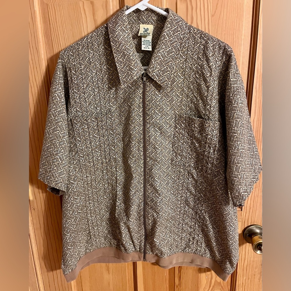 Haband Banded Bottom Zip Mens Shirt XL Geometric Crinkle Texture Retro VTG 90s